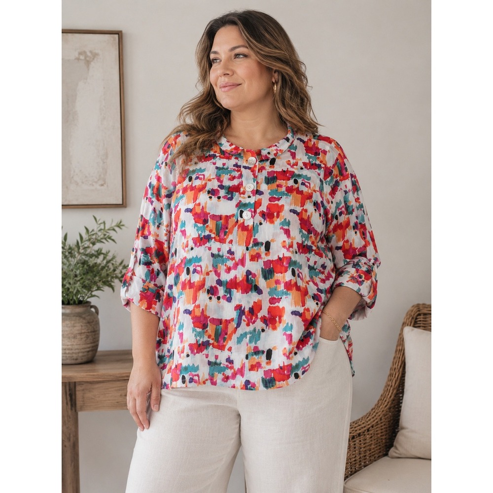 John Mark‎ Blouse Women 3X Multi Abstract Color Collage Art To Wear Boho NEW